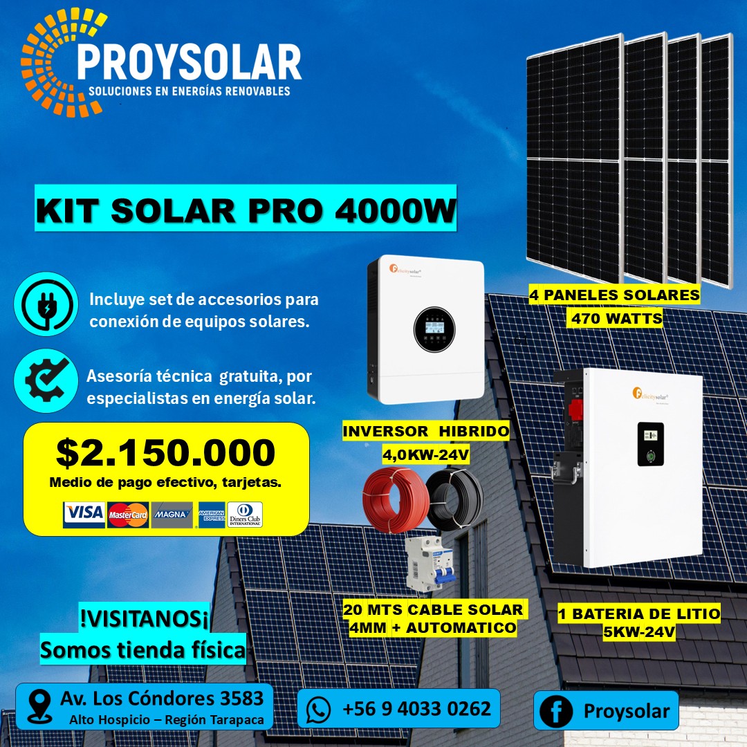 KIT SOLAR 4000W, 200AH-24V KIT SOLAR 4000 WATTS, BATERIA LITIO 200Ah - Imagen 1